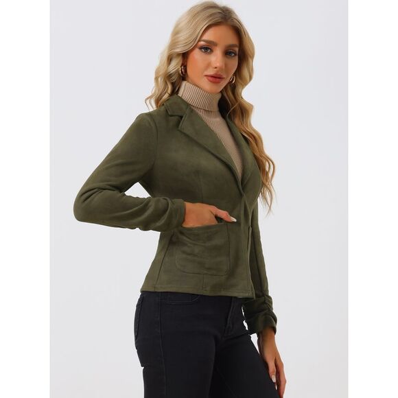 Casual Open Front Drawstring Faux Suede Blazer Olive Green - Picture 3 of 5